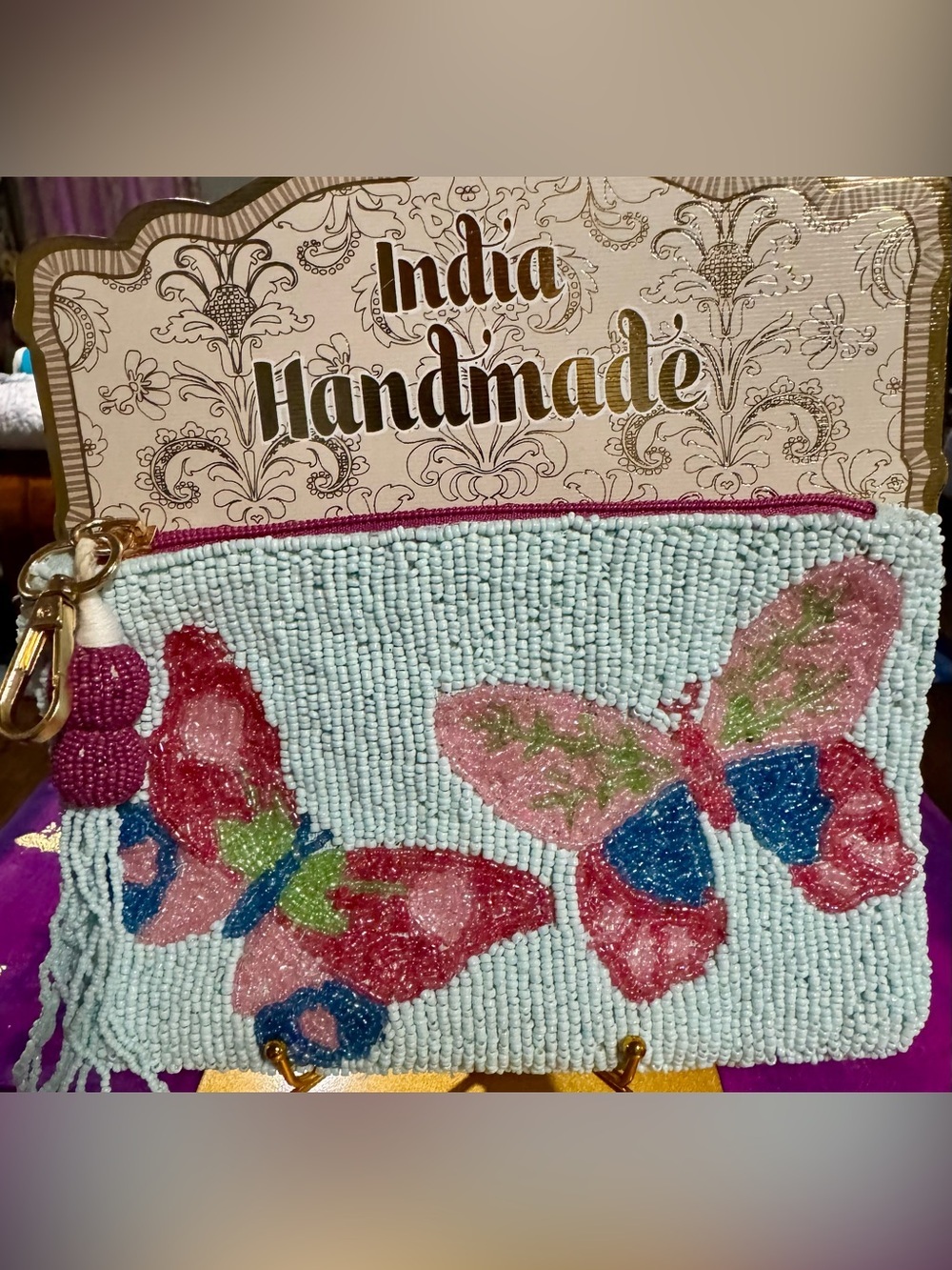 NWT India Handmade Beaded Butterfly Clutch Bag Light Blue